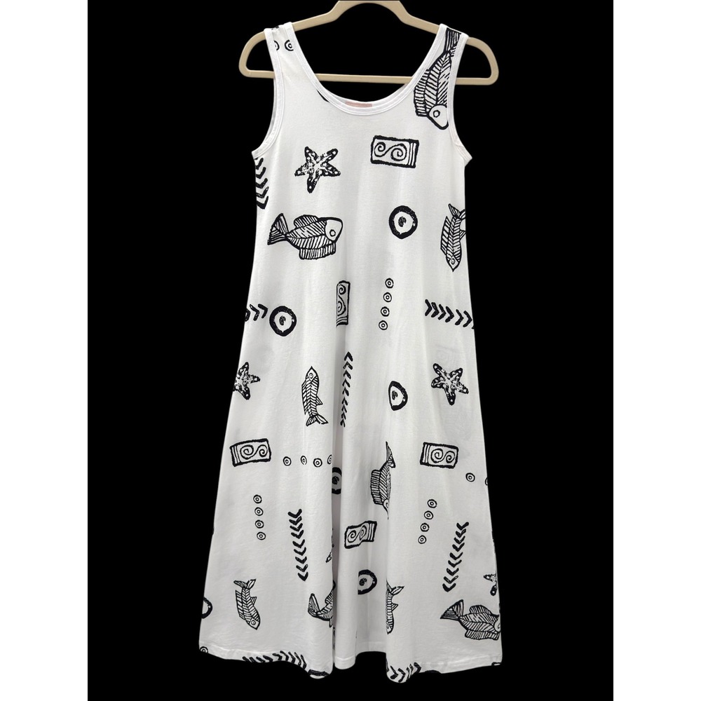 VTG Kisses & Hugs Fish Print Swing Midi Tank Dress Artsy Coastal Boho S Nautical